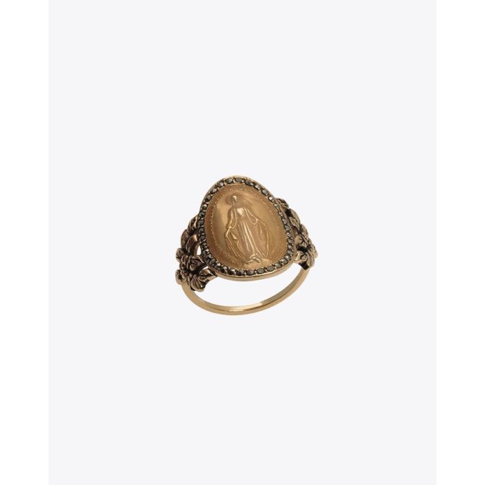 Bague Madone médaille ovale en or jaune 9 carats et saphirs gris Feidt Paris. 