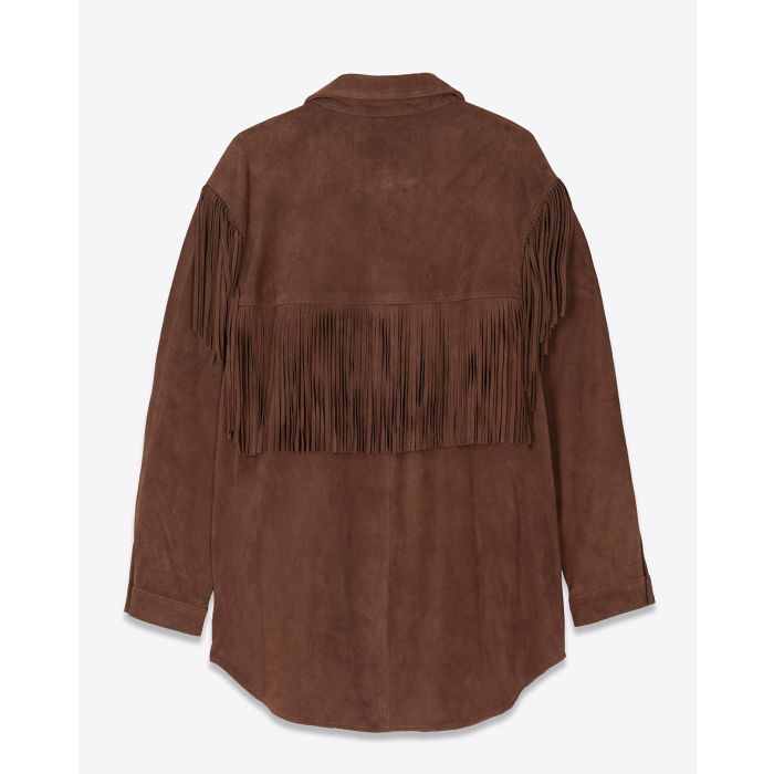 Veste à frange The Great en cuir suédé marron. Vue dos. 