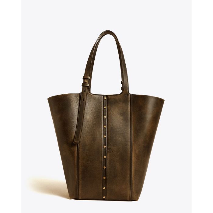 Sac 24/7 nord sud Golden Goose en cuir usé noir bandoulière réglable. Porté main ou épaule. Vue de face côtés ouverts.