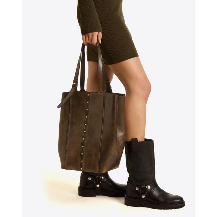Sac 24/7 nord sud Golden Goose en cuir usé noir bandoulière réglable. Porté main ou épaule. Porté main.