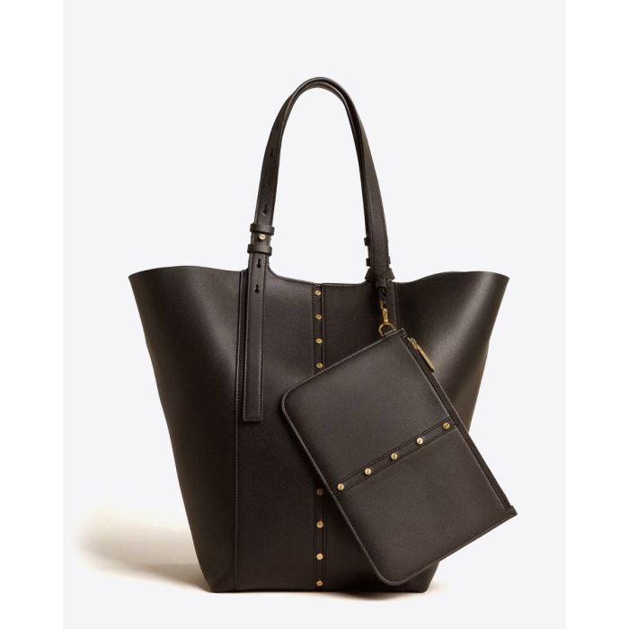 Sac shopping 24/7 Nord Sud Golden Goose en cuir noir. Vue de face avec les côtés ouverts et la pochette amovible en cuir.