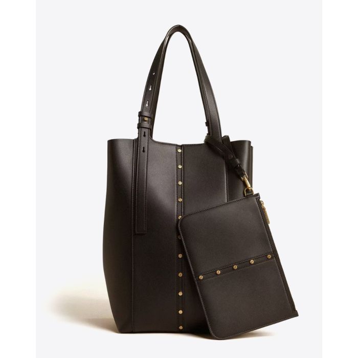 Sac shopping 24/7 Nord Sud Golden Goose en cuir noir. Vue de face avec la pochette amovible en cuir noir.
