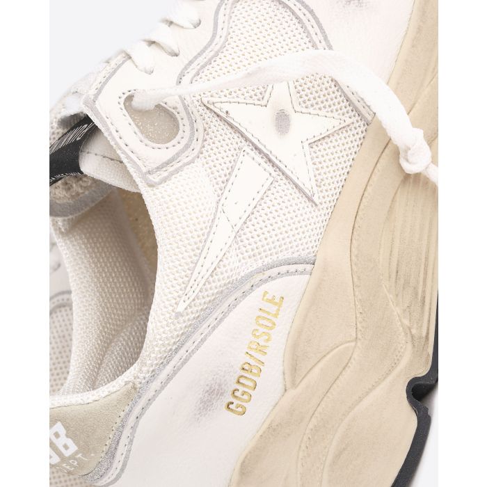 Sneakers Running Sole Golden Goose femme blanche étoile en cuir blanc arrière argent. Détail de la matière.