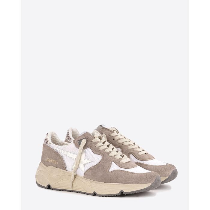 Sneakers running Sole Golden Goose femme blanche et beige étoile filante en cuir blanc et contrefort en cuir effet python taupe. Face.