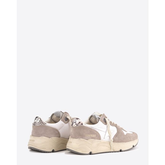 Sneakers running Sole Golden Goose femme blanche et beige étoile filante en cuir blanc et contrefort en cuir effet python taupe. Arrière.