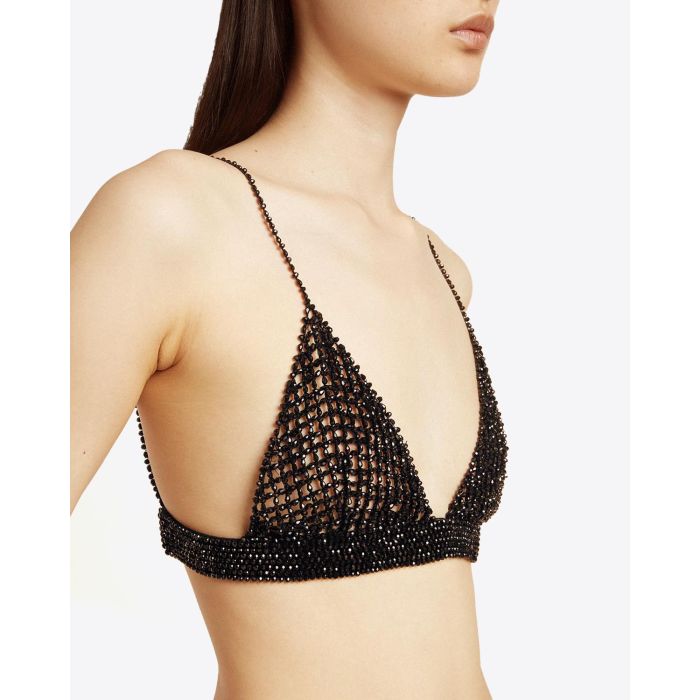 Soutien gorge triangle noir en crochet brodé de cristaux Golden Goose. Porté de profil.