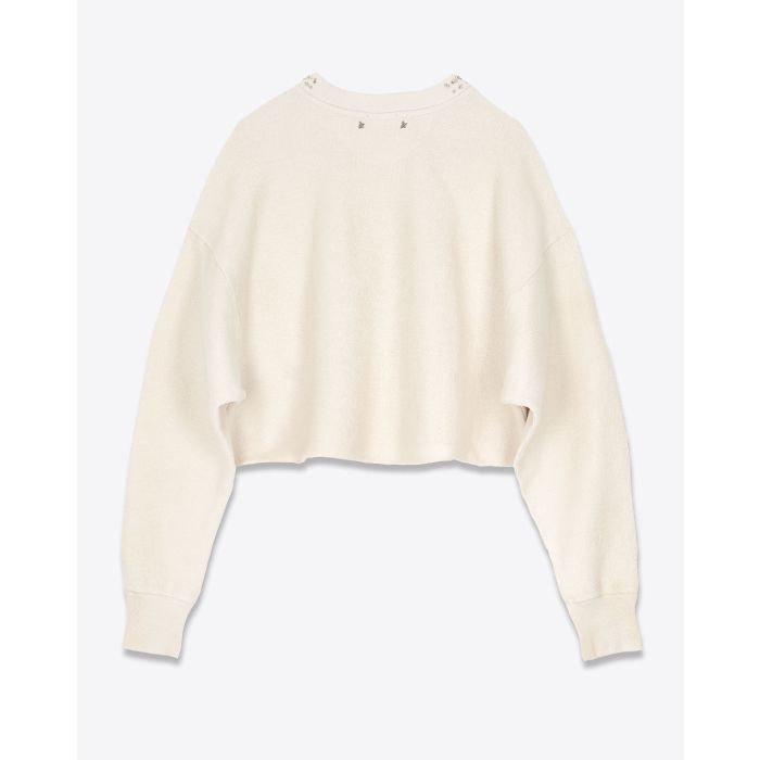 Sweat-shirt court en coton couleur crème avec cristaux brodés sur le col  Nives Golden Goose. Dos. Détail des deux petites étoile emblématique de la maison sous le col. 