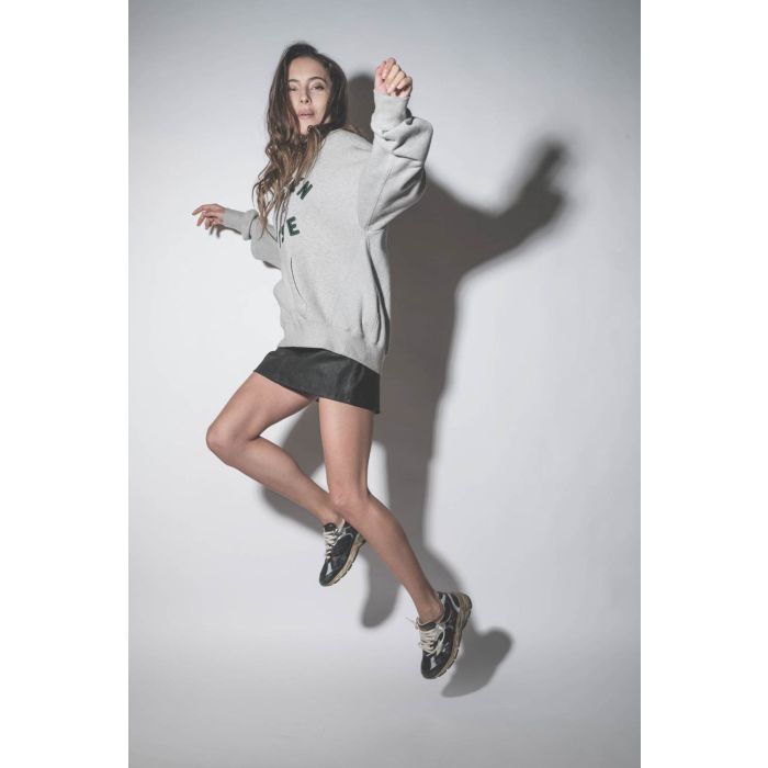 Sweatshirt à capuche gris chiné logo brodé Golden Goose 78. Porté de profil.
