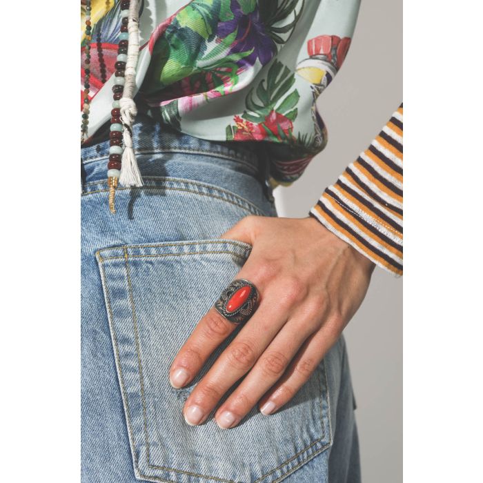Harpo Bague Navajo Argent & Corail – BACH17 Taille 58  