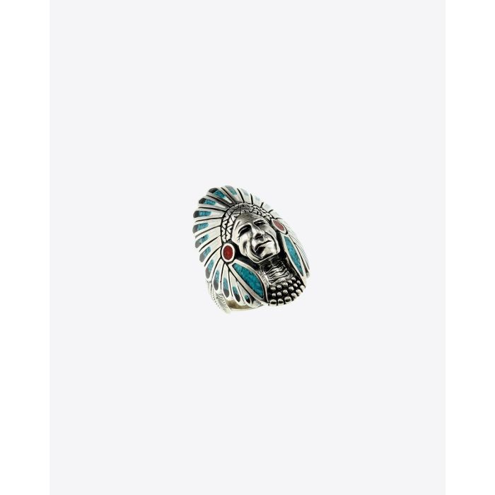 Bague Navajo Inlay Tête d'Indien grand modèle Harpo Paris. Face. 