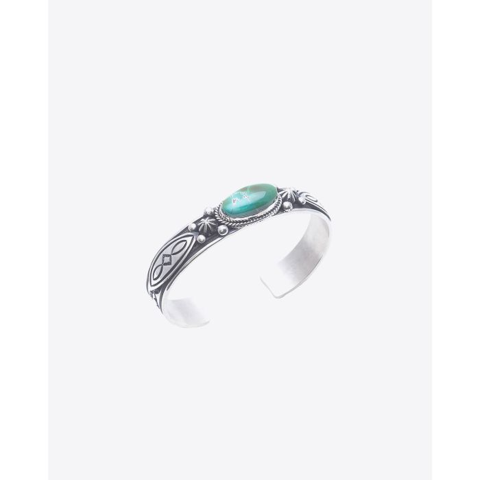 Harpo Bracelet Navajo Argent - 1 Turquoise Verte Ovale 8 Boules D'argent BRATVO  