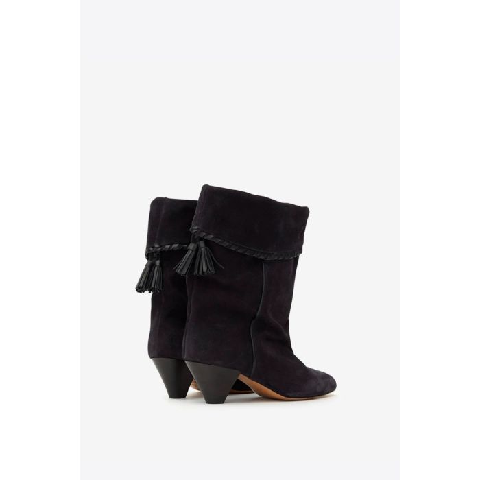 Boots Dalby Isabel Marant en cuir suédé noir délavé. Dos. Détail du talon conique.