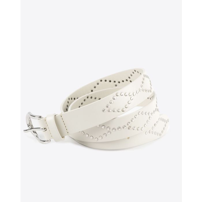 Ceinture en cuir écru clouté métal argenté Liliana Isabel Marant. Détail des clous argentés.