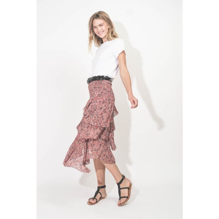 Jupe midi à volants Brigitte Isabel Marant Etoile en viscose imprimé Rust. Portée de profil.