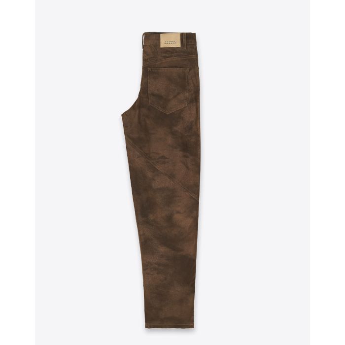 Pantalon Kelvina Isabel Marant Etoile en faux cuir effet vintage Tabacco. Vue de profil.
