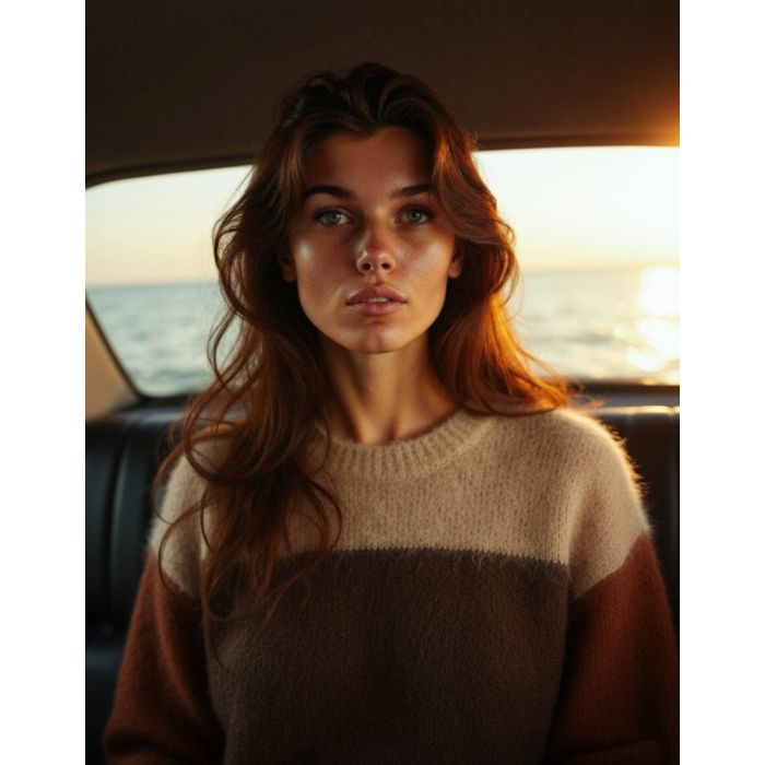 Pull Madeline Isabel Marant Etoile en laine et mohair rust porté de face. Création artistique réalisée avec l'IA.