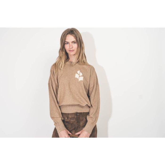 Pull Marisans Isabel Marant Etoile en coton et laine beige logo écru. Détail du logo poitrine.