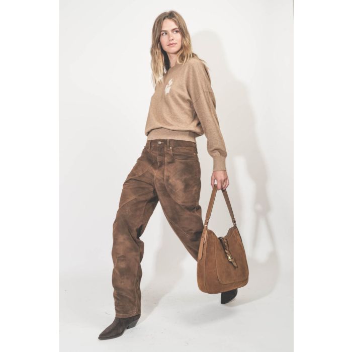 Pull Marisans Isabel Marant Etoile en coton et laine beige logo écru. Porté de profil.