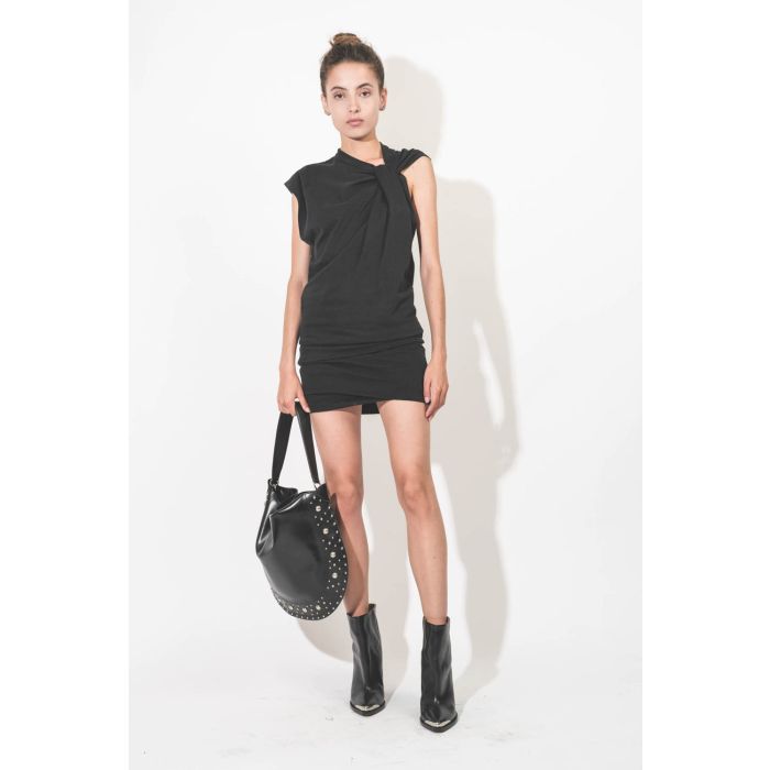Mini-robe drapée en jersey de coton noir Leany Isabel Marant Etoile. Porté de face.