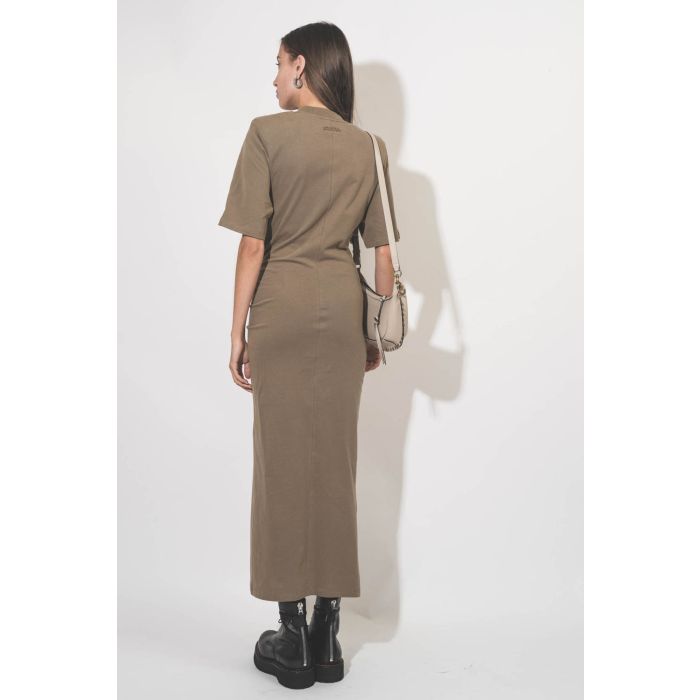 Robe longue manches courtes drapée et fendue en jersey de coton kaki Lexia Isabel Marant Etoile. Porté de dos;