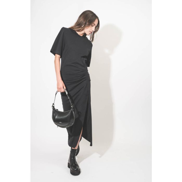 Robe longue manches courtes drapée et fendue en jersey noir épaulettes amovibles Lexia Isabel Marant Etoile.