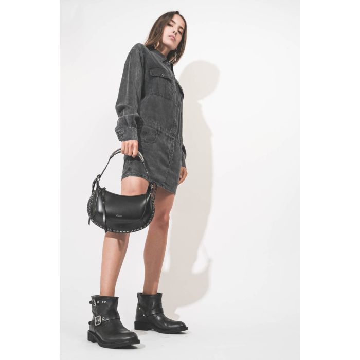 Robe courte droite forme chemise manches longues en Lyocell noir délavé Palvina Isabel Marant Etoile.