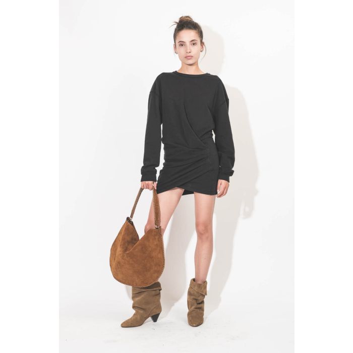 Robe courte manches longues en sweat noir Pipper Isabel Marant Etoile. Porté de face.