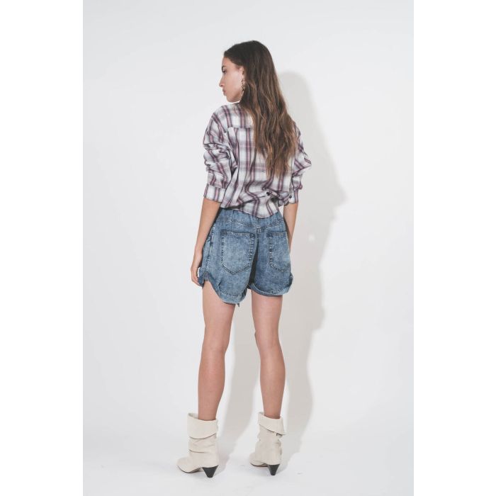 Short court taille haute avec ceinture toile 100% Lyocell bleu Pierine Isabel Marant Etoile. Porté de dos.