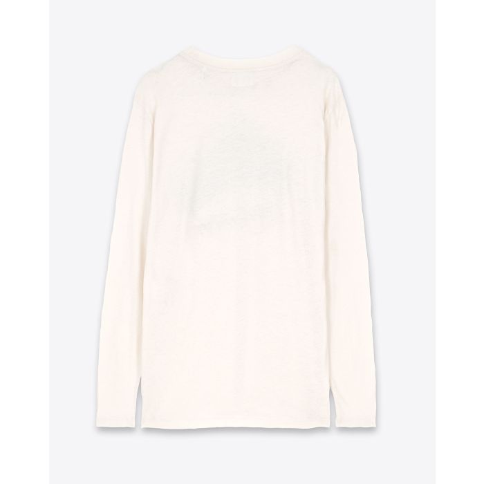 Tee-shirt manches longues écru imprimé placé représentant une tiare et inscription Révolution en rouge sur le devant Martine Isabel Marant Etoile. Dos uni.