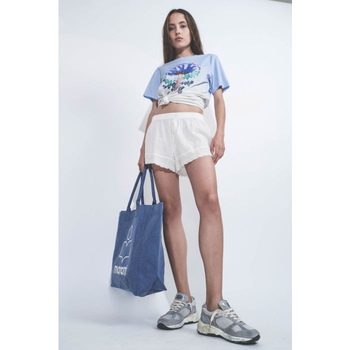 Tee-shirt droit manches courtes imprimé Marant bleu Zewel Isabel Marant Etoile. Porté avec un short lingerie.