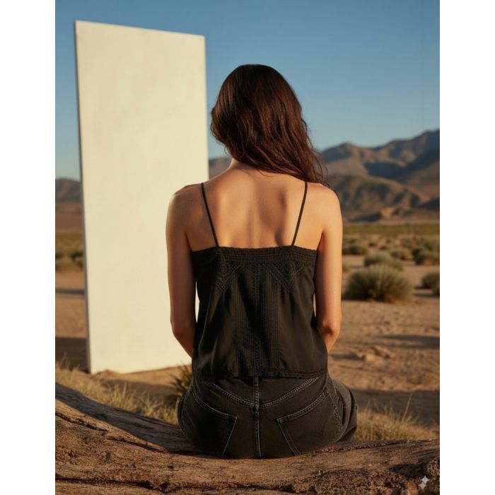Top Gaelia Isabel Marant Etoile en dentelle de coton noir porté de dos. Réalisation artistique créée avec l'IA. 