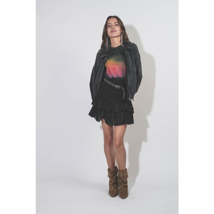Veste forme blouson tissu fluide en Lyocell noir délavé Plume Isabel Marant Etoile. Porté ouvert.