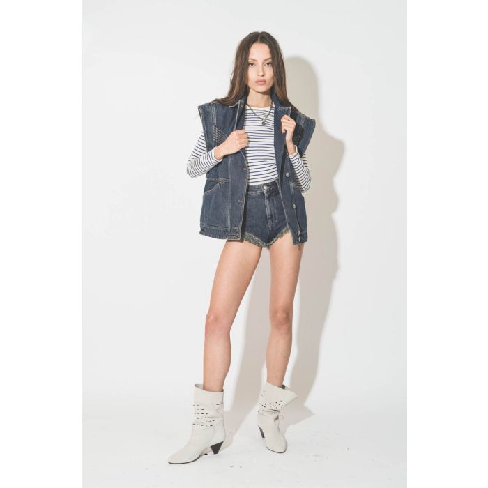 Veste en jean bleu épaulée manches longues amovibles Harmon Isabel Marant Etoile. Porté sans les manches de face.