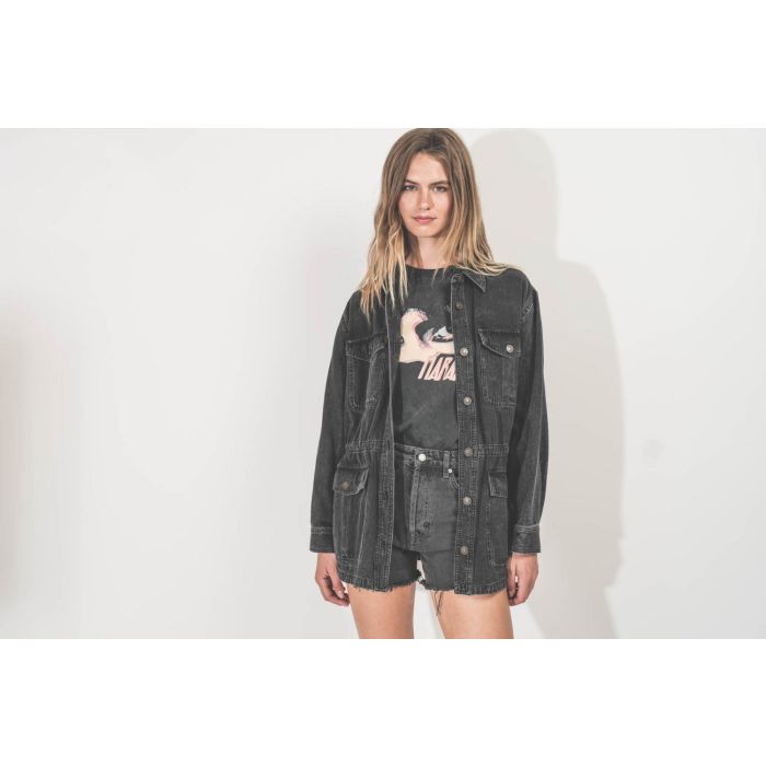 Veste Nossia Isabel Marant Etoile en denim vintage black. Portée de face. 