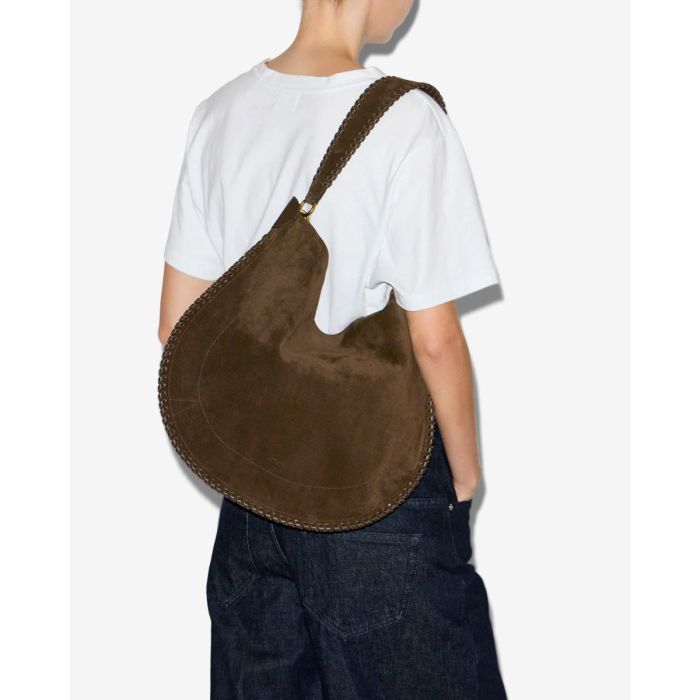 Sac Hoskan Hobo Soft Isabel Marant en cuir suédé bronze tressé. Porté épaule.