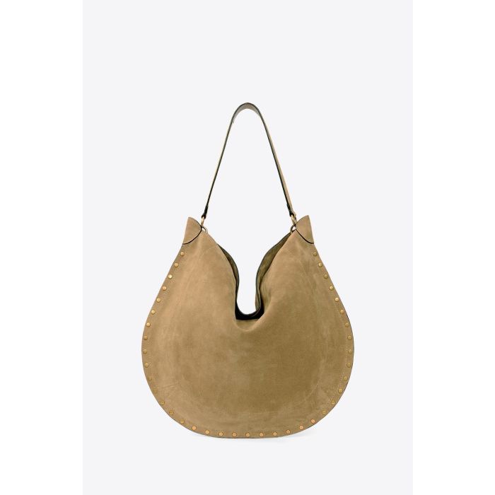 Sac Oskan Hobo soft Isabel Marant en cuir suédé taupe et clous dorés. Anse en cuir pour un porté épaule. Dos.