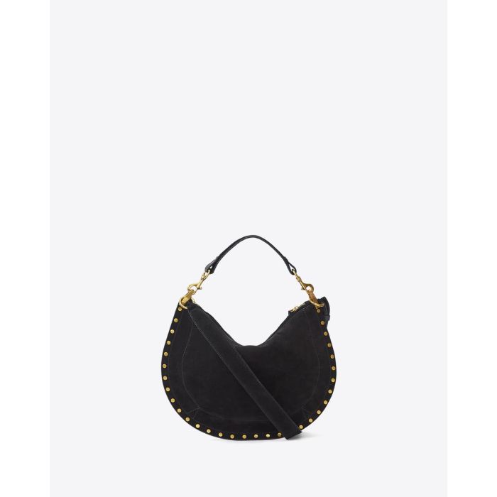 Sac Oskan Soft Zip Isabel Marant en cuir suédé noir et clous. Anse courte pour un porté main ou épaule et bandoulière longue pour un porté épaule ou croisé. Dos.