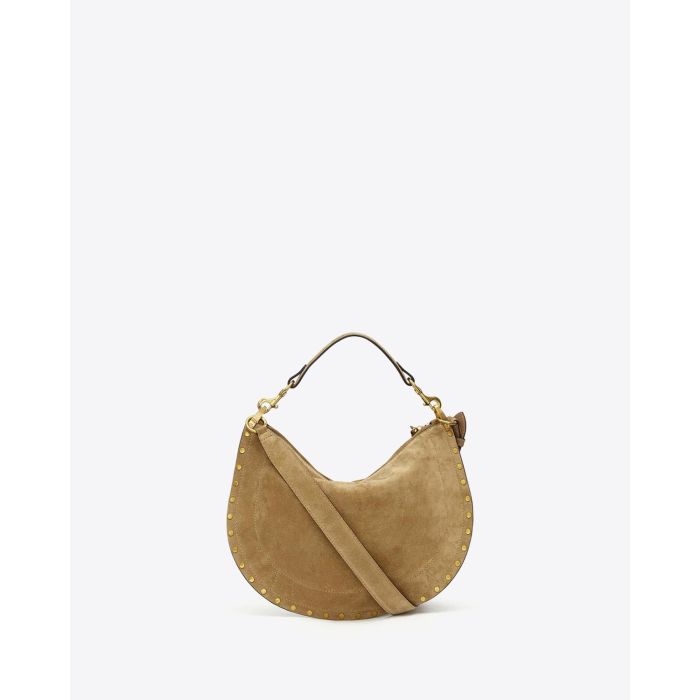 Sac Oskan Soft Zip Isabel Marant en cuir suédé taupe et clouté. Bandoulière courte pour un porté main ou épaule et une bandoulière longue pour un porté épaule ou croisé. Dos.