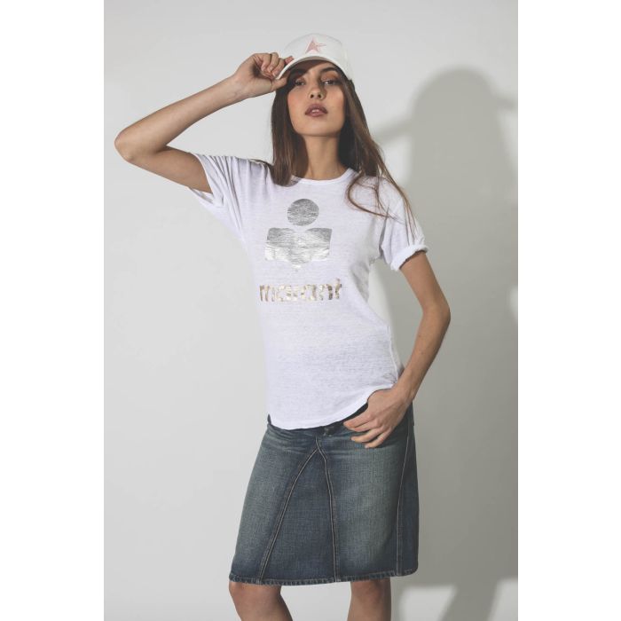 Tee-shirt en lin blanc logo argent et doré Koldi Isabel Marant Etoile. Porté. 