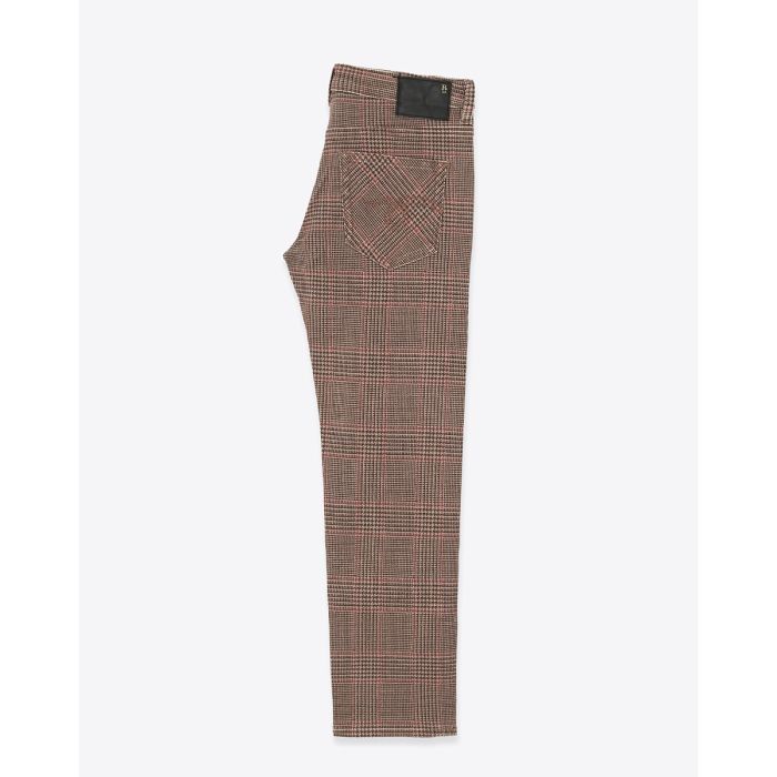Jean slim taille basse Boy Straight R13 en coton à carreaux marron. Vue de profil.