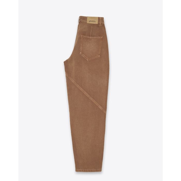 Jean Catarina Isabel Marant Etoile. Forme Regular. Détails de coutures surpiquées. Détail du logo beige embossé Isabel Marant. Profil.