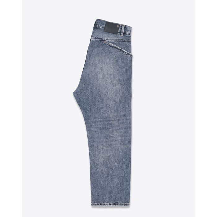 Jean Baggy fermeture croisée Exene en denim bleu Barter Indigo R13 Denim. Détail de la poche arrière en biais. Profil.