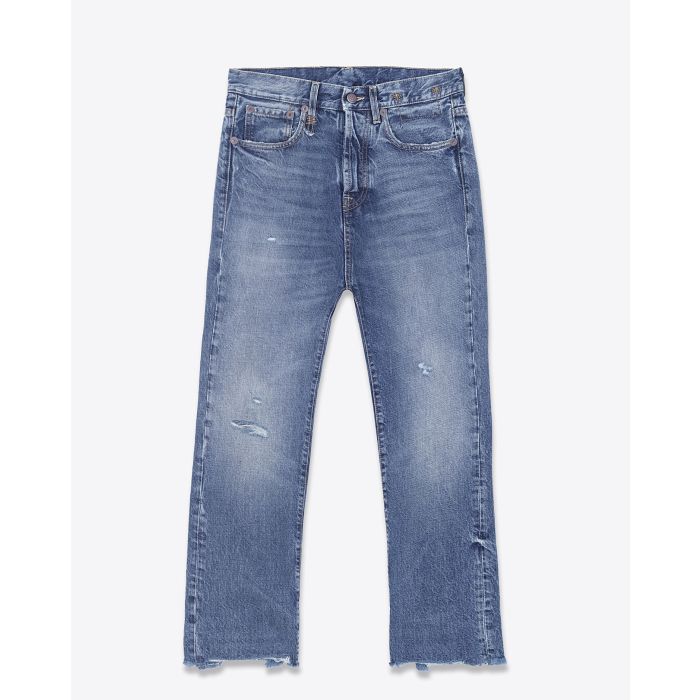 Jean baggy bleu délavé usé et déchiré délavage Hutton Blue Tailored Drop r13. Face sans revers. Détail ourlet bord franc.