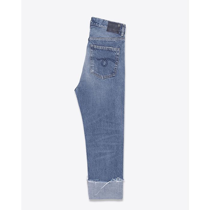 Jean baggy bleu délavé usé et déchiré délavage Hutton Blue Tailored Drop r13. Profil avec revers.