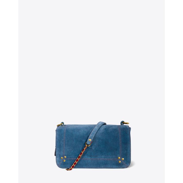 Sac Bobi Jérôme Dreyfuss en cuir suédé jeans. Vue de face. Détail de la chaîne tressée de cuir bordeaux.