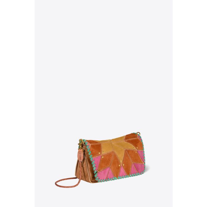 Mini-sac Bobi S Jérôme Dreyfuss Lever du jour en patchwork de cuir suédé jaune, orange et rose. Bandoulière longue en cuir tressé. Profil.