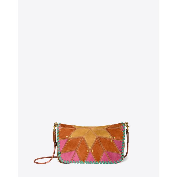 Mini-sac Bobi S Jérôme Dreyfuss Lever du jour en patchwork de cuir suédé jaune, orange et rose. Bandoulière longue en cuir tressé. Détail du rabat. 