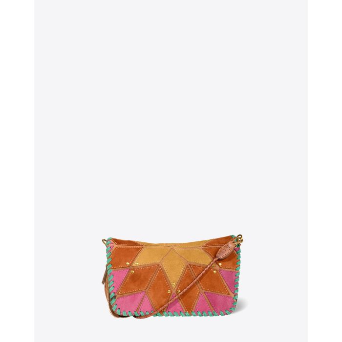 Mini-sac Bobi S Jérôme Dreyfuss Lever du jour en patchwork de cuir suédé jaune, orange et rose. Bandoulière longue en cuir tressé. Détail de la bandoulière en cuir.