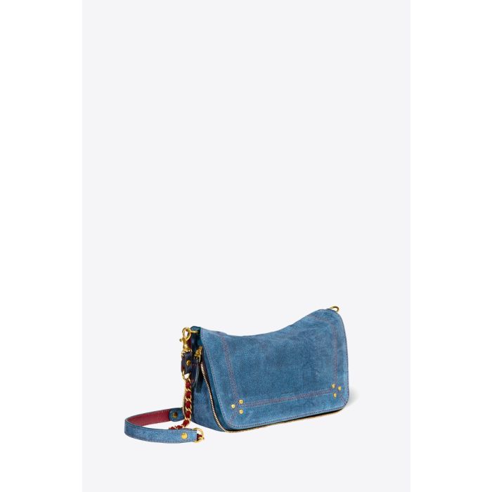 Sac bobi S Jérôme Dreyfuss en cuir suédé bleu jeans. Vue de profil.