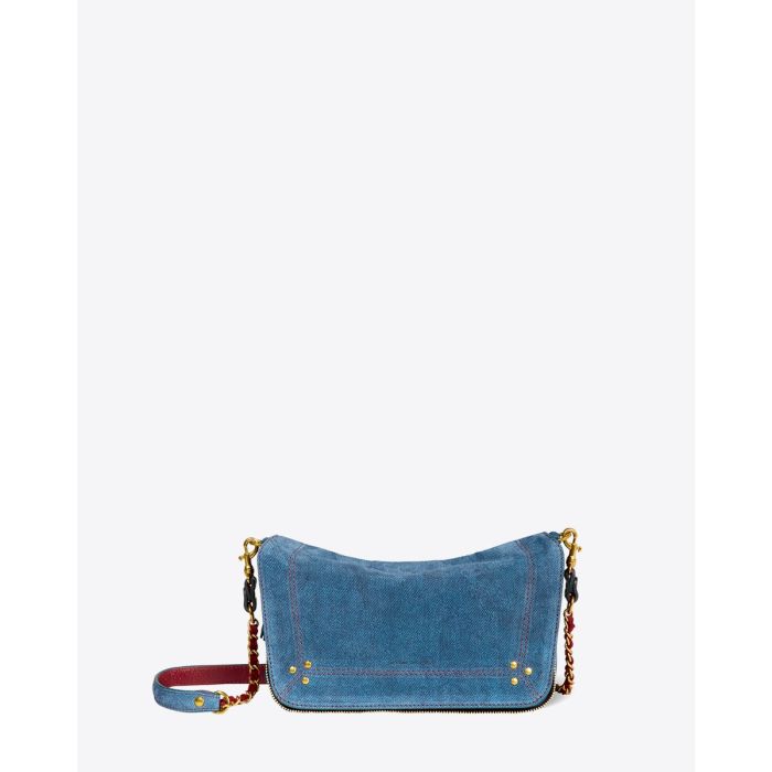 Sac bobi S Jérôme Dreyfuss en cuir suédé bleu jeans. Vue de face.